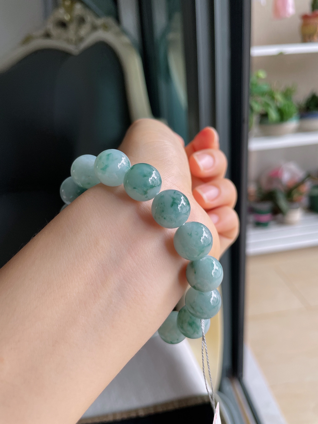 ️，缅甸天然翡翠A货，冰飘花手串，尺寸：13mm。【编4060】