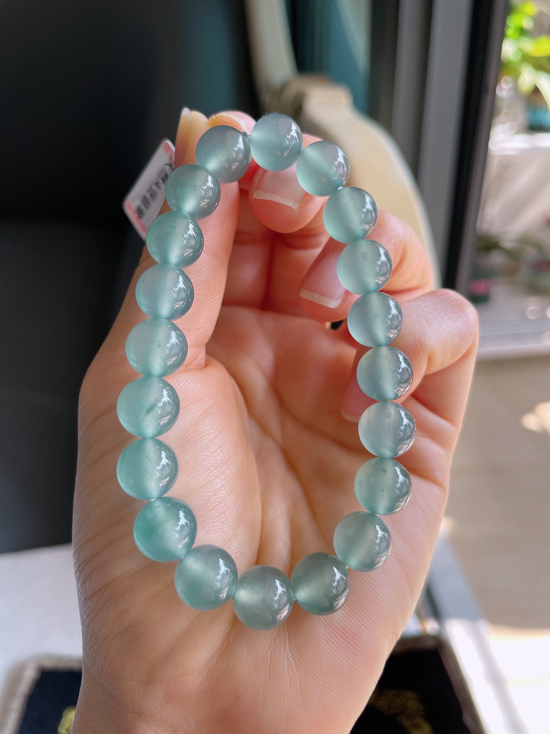 天然翡翠A货，冰种天空蓝手链，尺寸：9.8mm。【编3454】