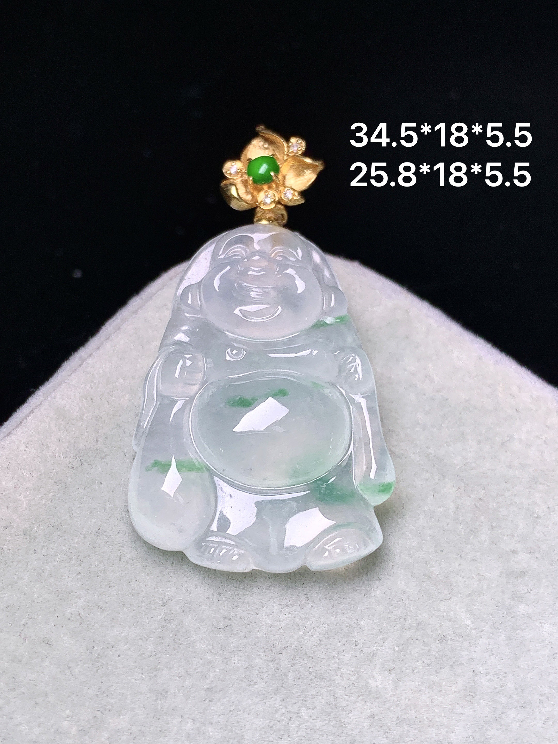 18k金镶嵌冰种佛公吊坠 玉质细腻 色泽艳丽清新 水润亮眼 整体尺寸34.5*18*5.5 2x