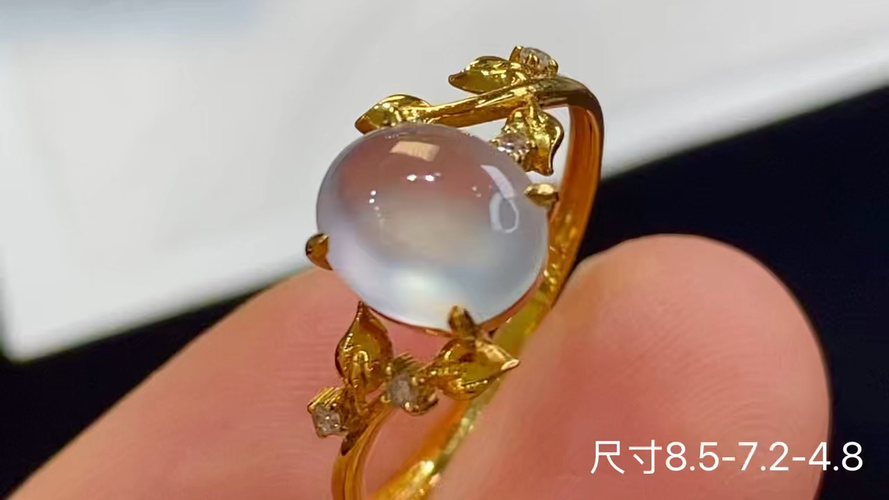 18k金+钻玻璃种蛋面戒指，无暇，8.5-7.2-4.8