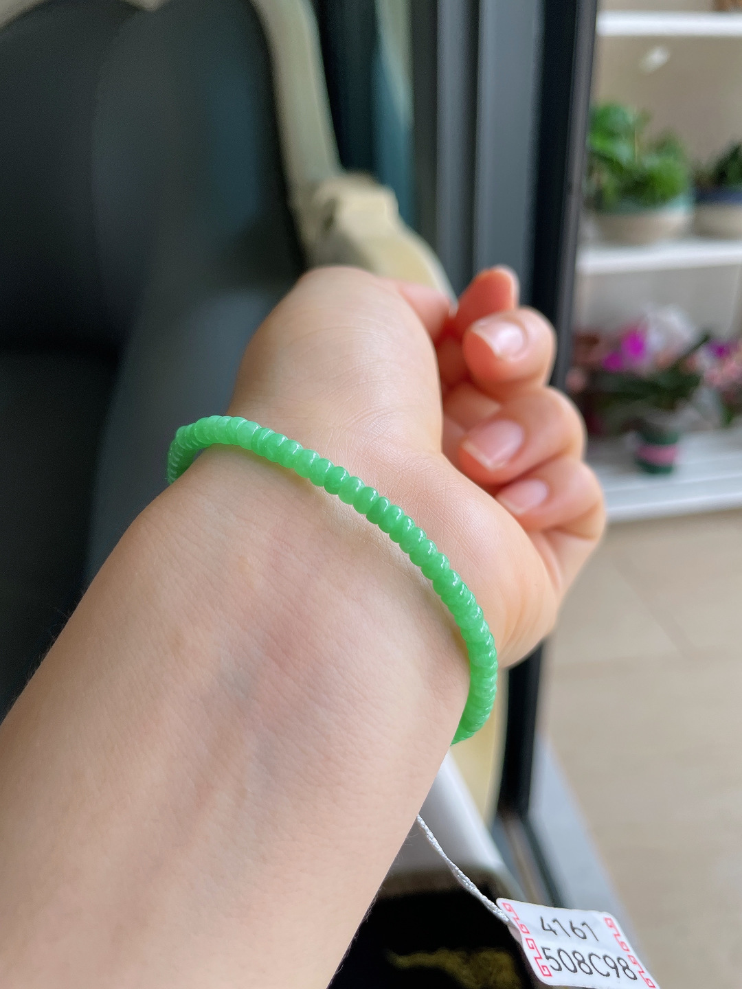 缅甸天然翡翠A货，冰满绿算盘珠手串，尺寸：3.7mm。【编4161】