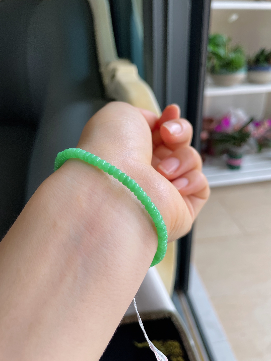 缅甸天然翡翠A货，冰满绿算盘珠手串，尺寸：3.7mm。【编4161】