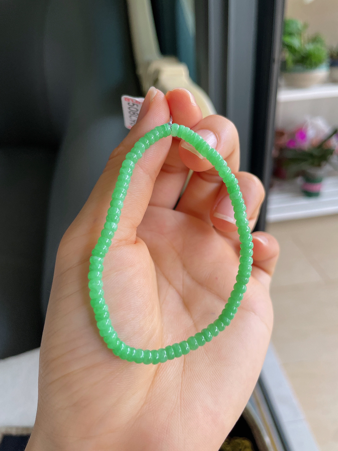 缅甸天然翡翠A货，冰满绿算盘珠手串，尺寸：3.7mm。【编4161】