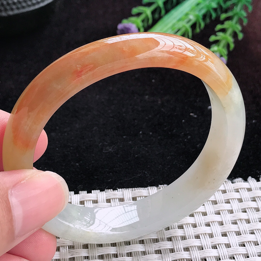 实拍A货翡翠63.5/47/12.5/7.6老坑冰润辣色黄翡贵妃手镯宽边玉镯平安镯百搭