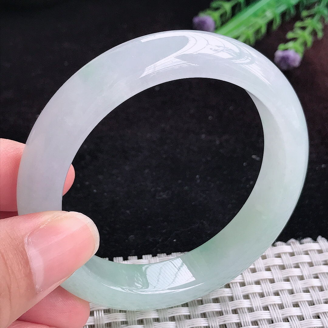 实拍A货翡翠55.5/12.9/9老坑冰胶果冻冰飘花手镯宽边玉镯平安镯百搭