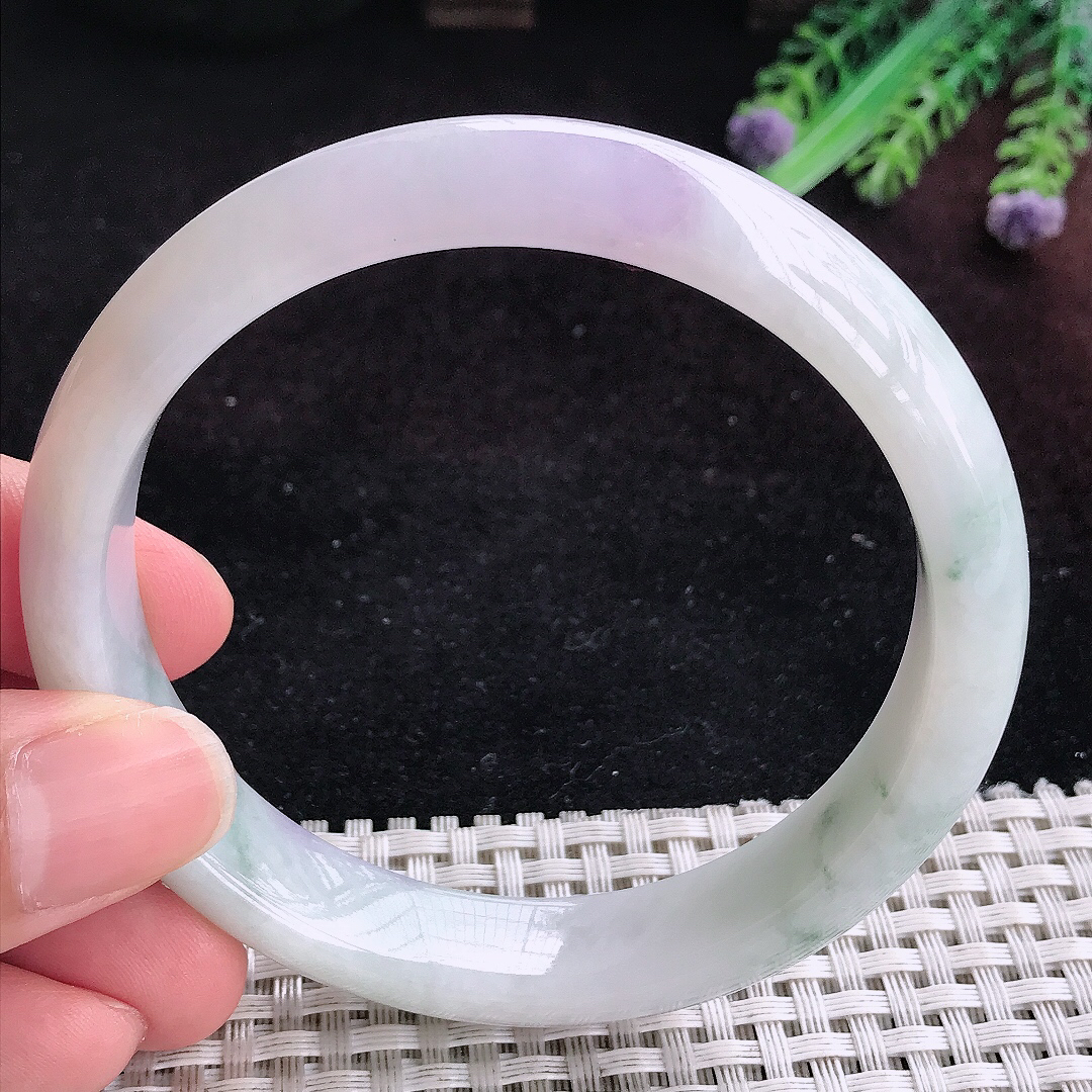 实拍A货翡翠62.5/12.9/8大圈口老坑精美紫罗兰手镯宽边玉镯平安镯百搭
