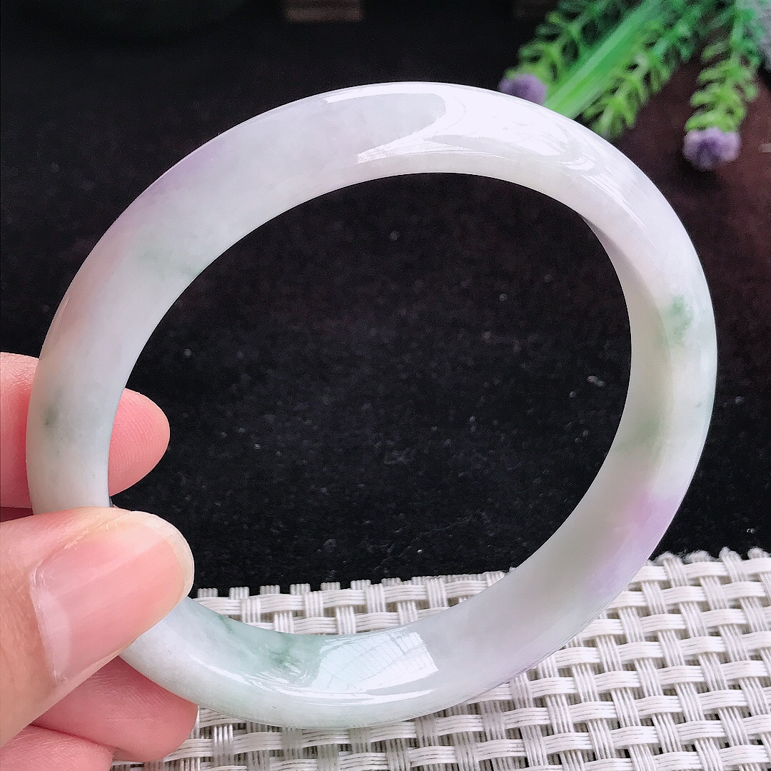 实拍A货翡翠62.5/12.9/8大圈口老坑精美紫罗兰手镯宽边玉镯平安镯百搭