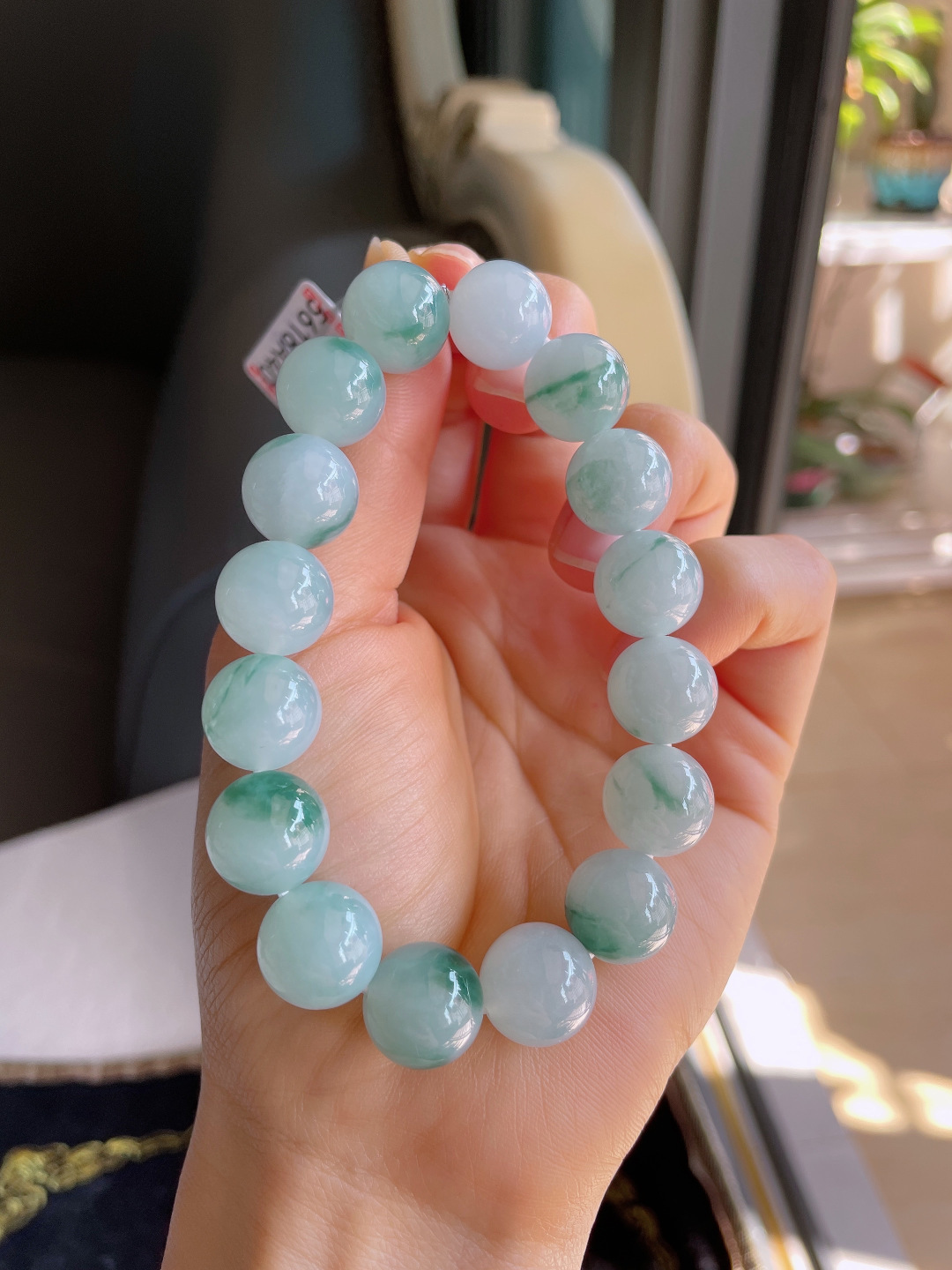 缅甸天然翡翠A货，冰飘花手链，尺寸：12.8mm。【编3855】