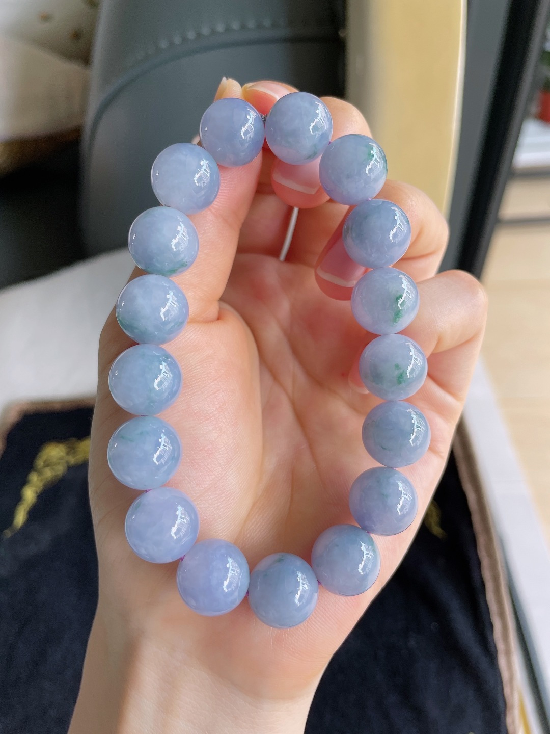 缅甸天然翡翠A货，浓紫飘花手链，尺寸：12.5mm。【编1417】