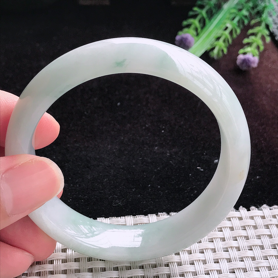 实拍A货翡翠57/15/8.2老坑冰润飘花手镯宽边玉镯平安镯百搭