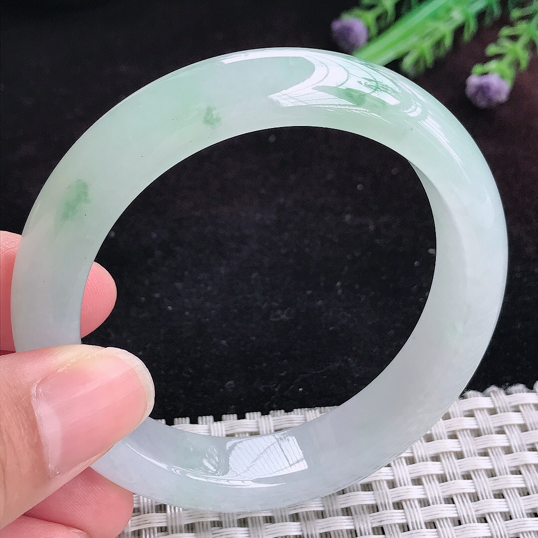实拍A货翡翠55.5/12.9/9老坑冰胶果冻冰飘花手镯宽边玉镯平安镯百搭