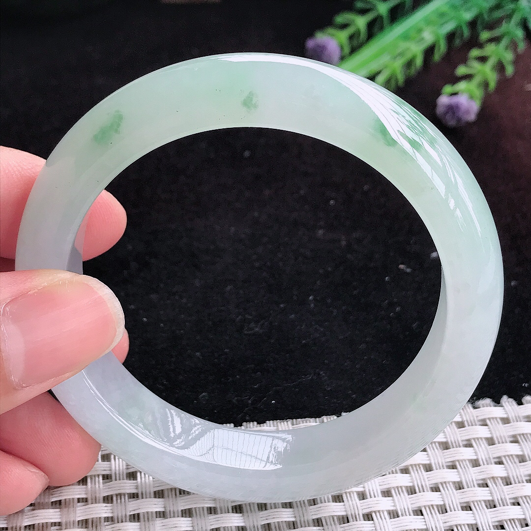 实拍A货翡翠55.5/12.9/9老坑冰胶果冻冰飘花手镯宽边玉镯平安镯百搭