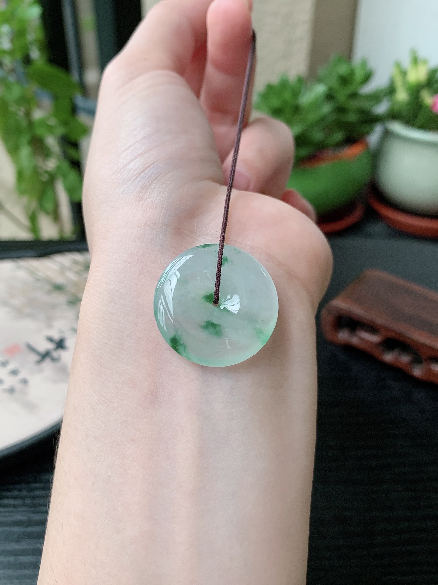 老坑冰种胶感飘花平安扣吊坠,裸石尺寸:25.4-4.7mm