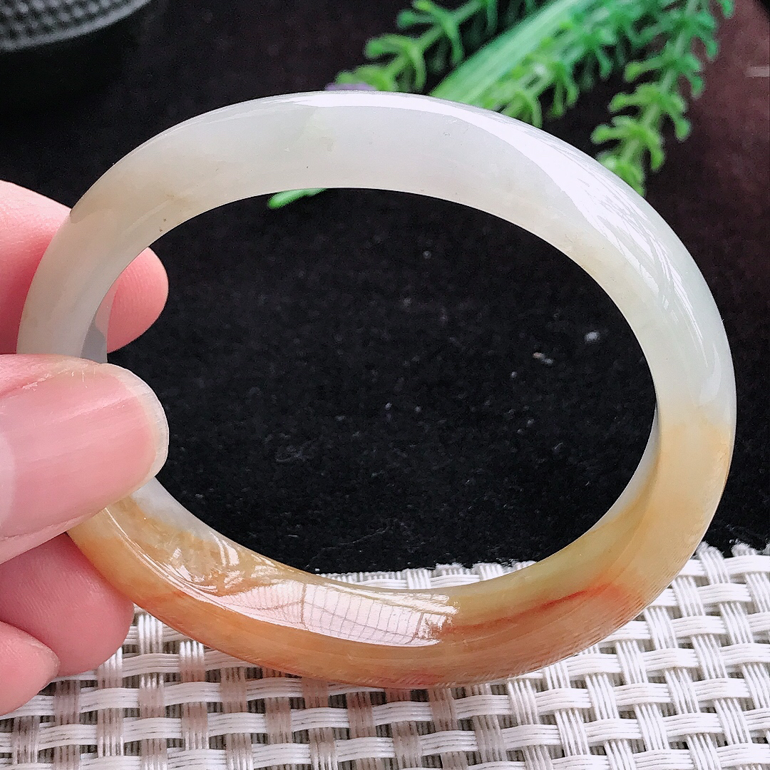实拍A货翡翠63.5/47/12.5/7.6老坑冰润辣色黄翡贵妃手镯宽边玉镯平安镯百搭