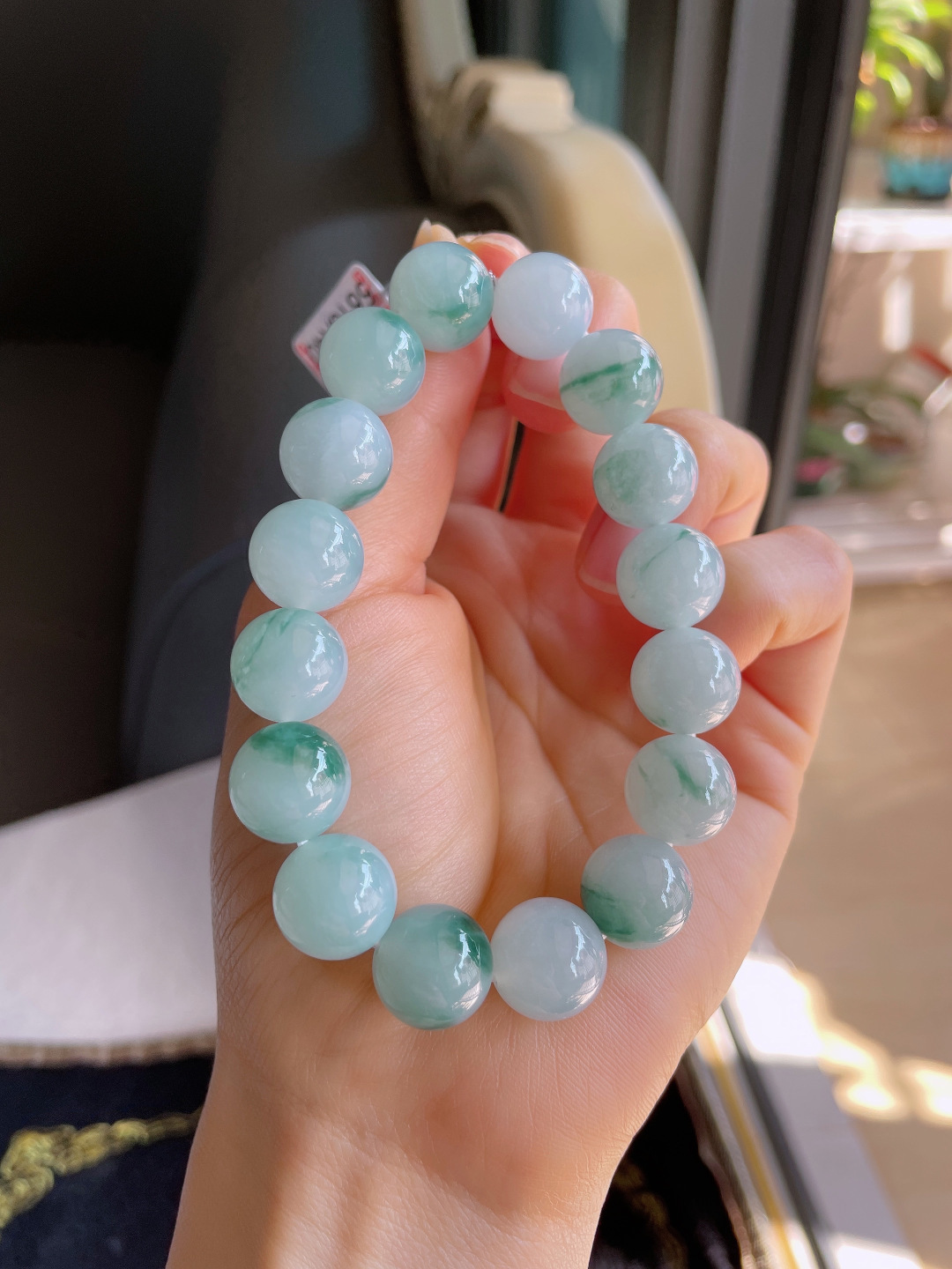 缅甸天然翡翠A货，冰飘花手链，尺寸：12.8mm。【编3855】