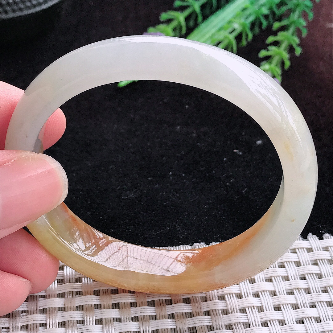 实拍A货翡翠63.5/47/12.5/7.6老坑冰润辣色黄翡贵妃手镯宽边玉镯平安镯百搭