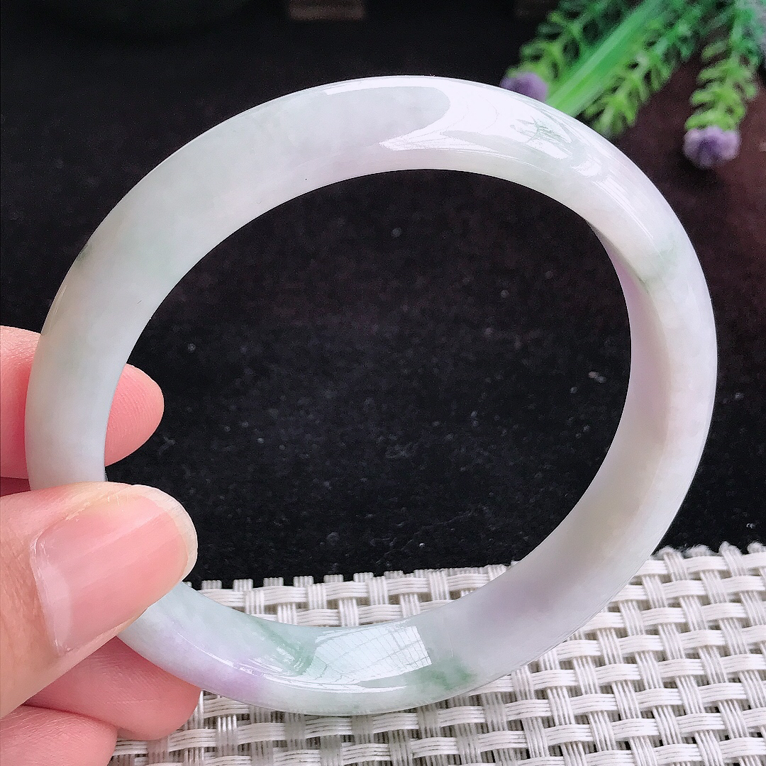 实拍A货翡翠62.5/12.9/8大圈口老坑精美紫罗兰手镯宽边玉镯平安镯百搭
