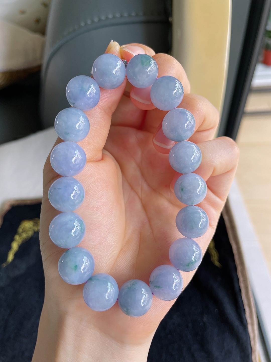 缅甸天然翡翠A货，浓紫飘花手链，尺寸：12.5mm。【编1417】
