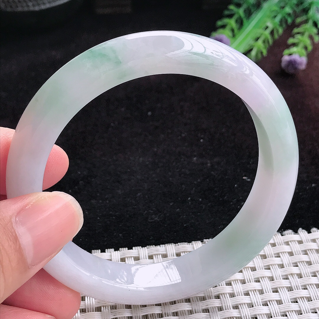实拍A货翡翠58.5/12.8/8.7老坑冰润飘花手镯宽边玉镯平安镯百搭