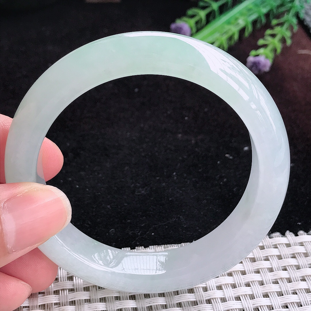 实拍A货翡翠55.5/12.9/9老坑冰胶果冻冰飘花手镯宽边玉镯平安镯百搭