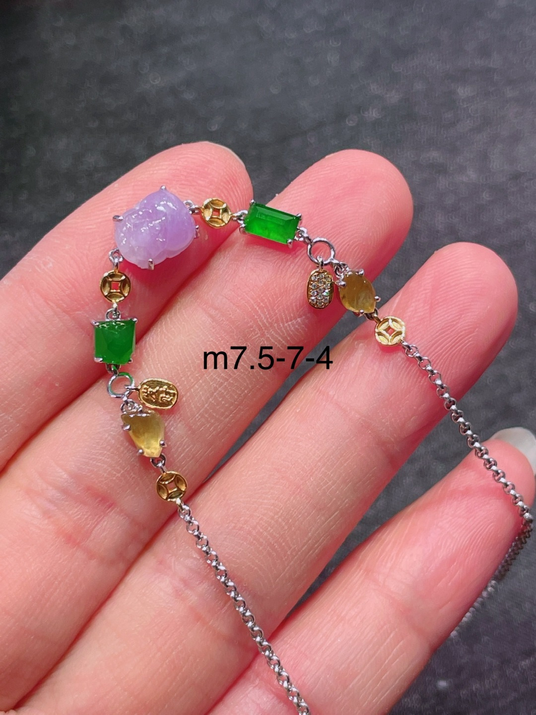高冰绿紫貔貅手链，晶莹剔透，新颖时尚，7.5-7-4