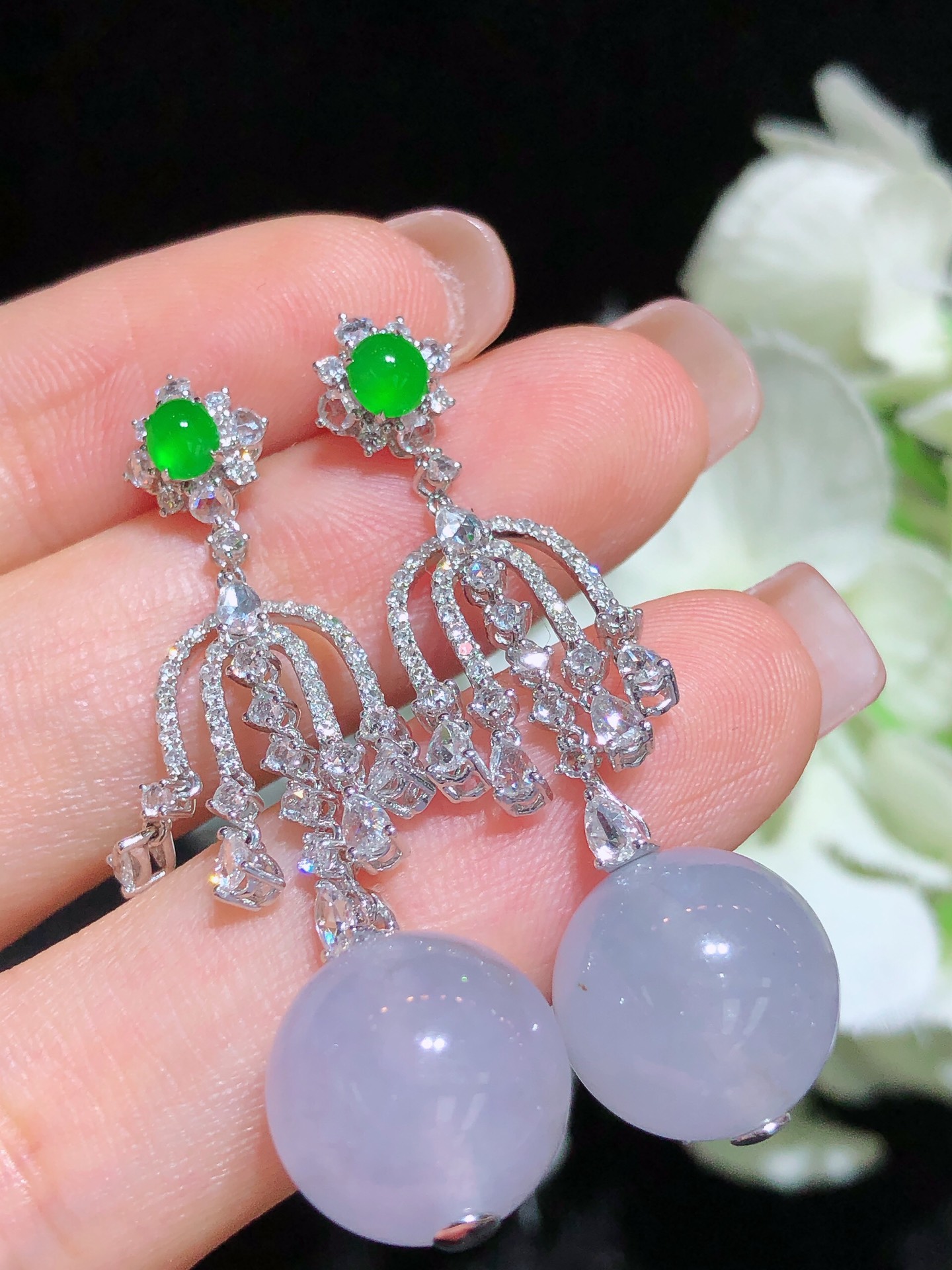 18K金镶 冰种珠珠耳坠 无裂 水润色艳 品相饱满 苹果拍摄，实物更好看，39.8-12.1-12.1