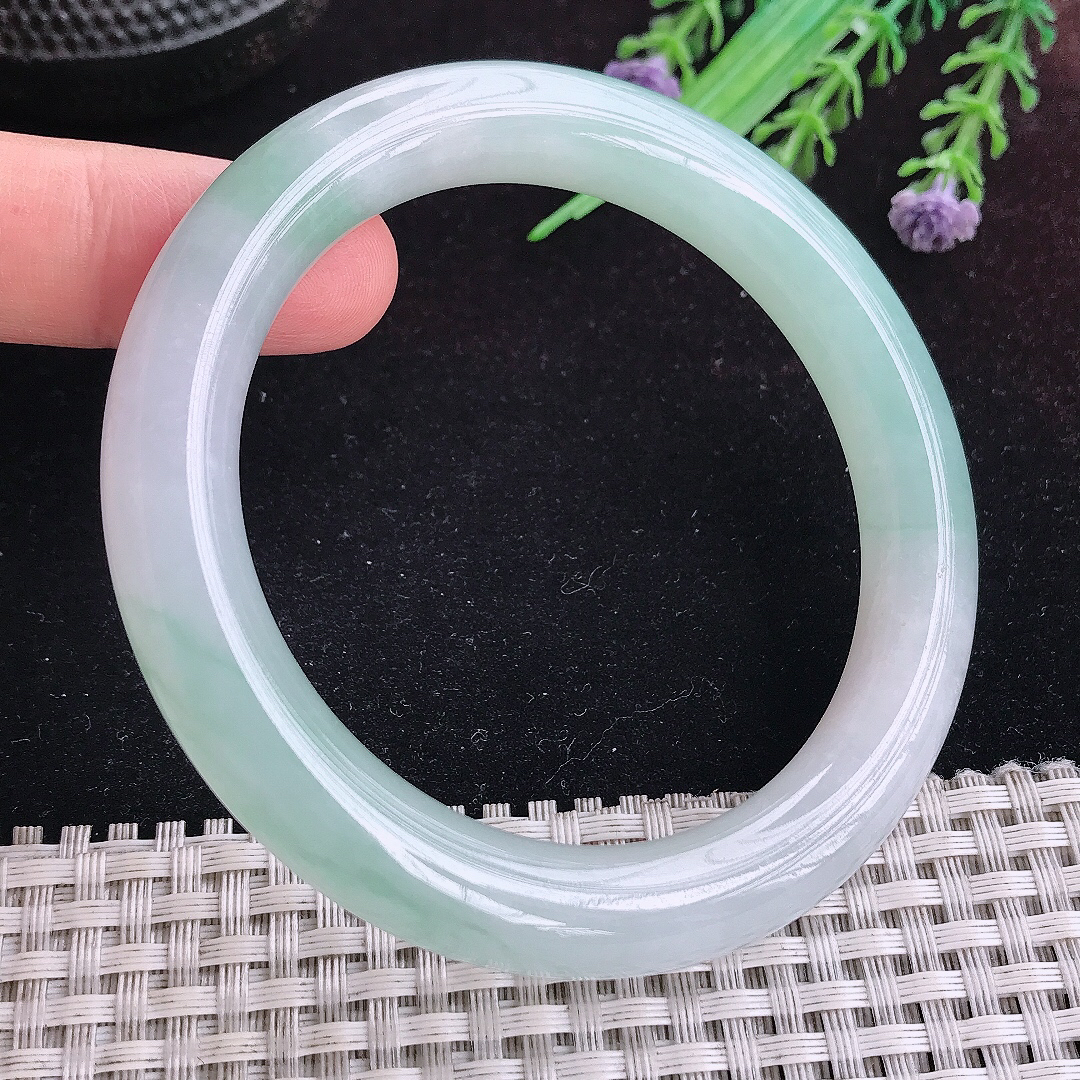 实拍A货翡翠58.8/10.6/10.3老坑冰胶果冻飘花圆条手镯宽边玉镯平安镯百搭