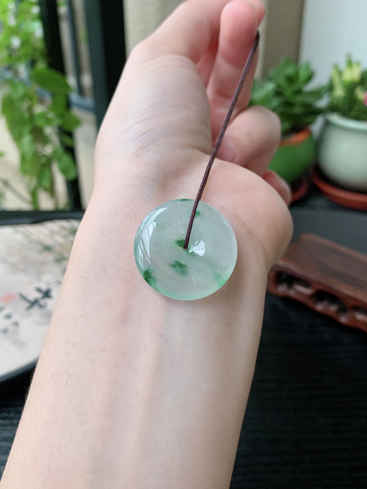 老坑冰种胶感飘花平安扣吊坠,裸石尺寸:25.4-4.7mm