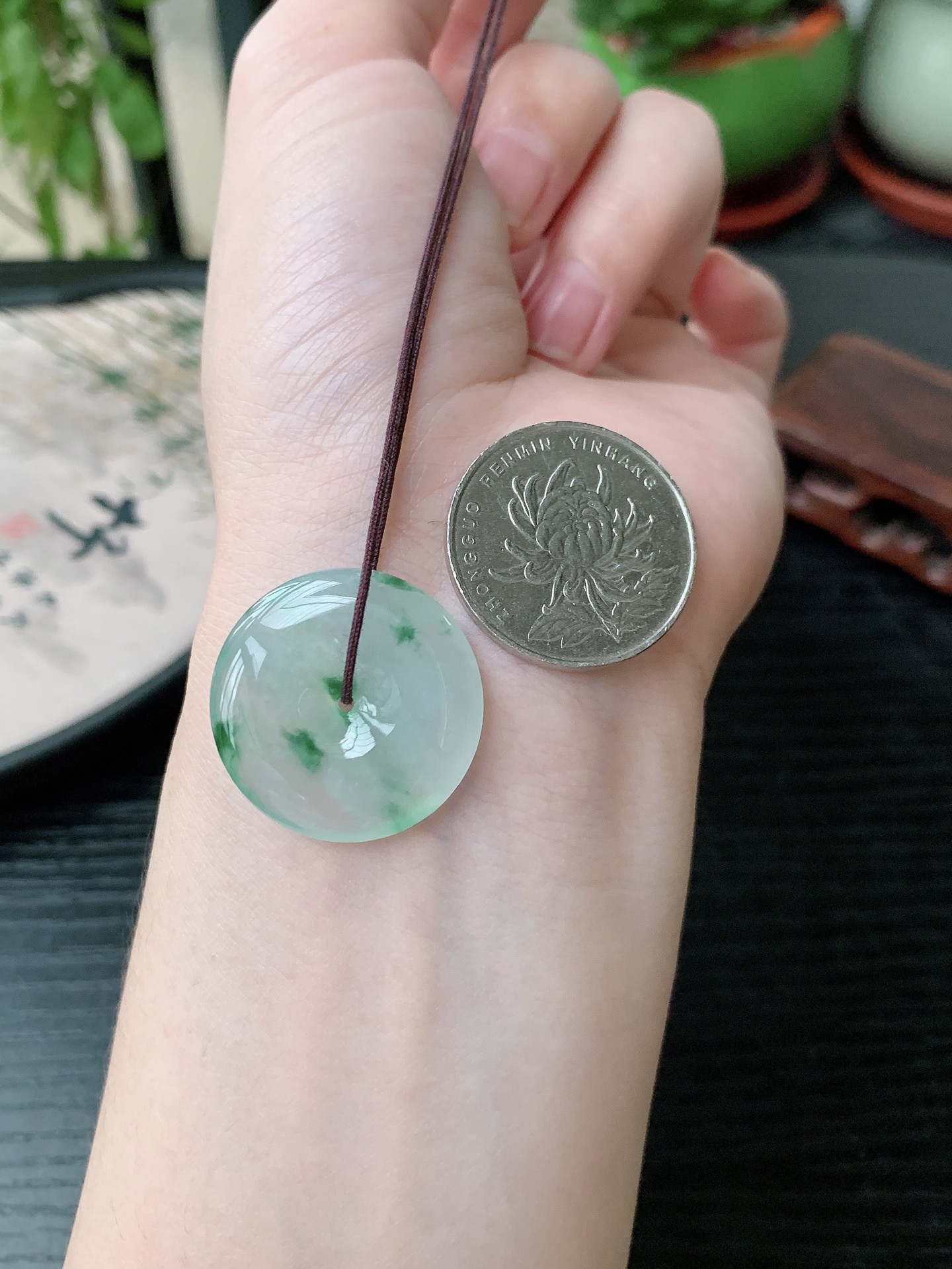 老坑冰种胶感飘花平安扣吊坠,裸石尺寸:25.4-4.7mm