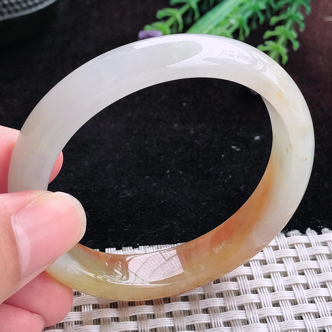 实拍A货翡翠63.5/47/12.5/7.6老坑冰润辣色黄翡贵妃手镯宽边玉镯平安镯百搭
