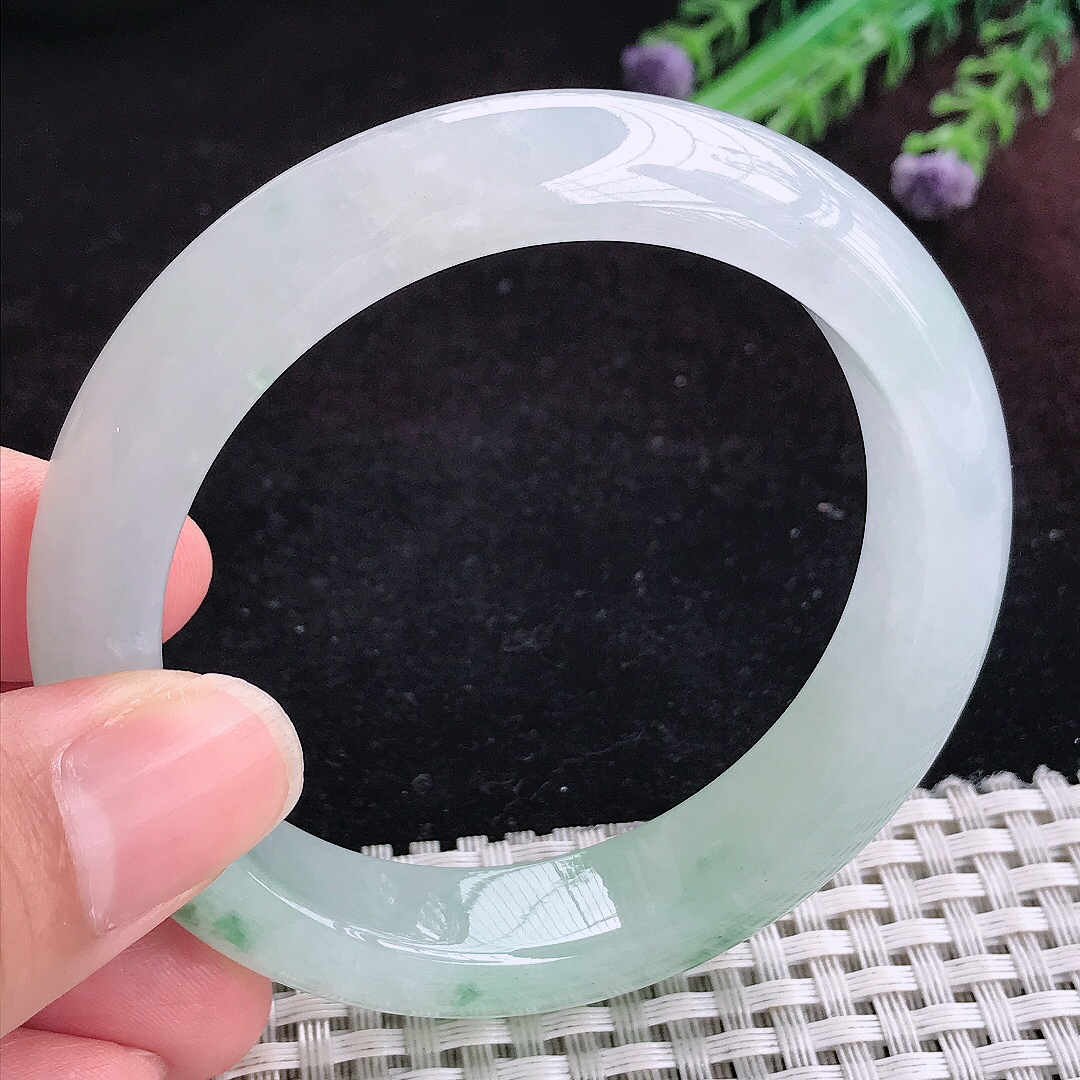 实拍A货翡翠55.5/12.9/9老坑冰胶果冻冰飘花手镯宽边玉镯平安镯百搭