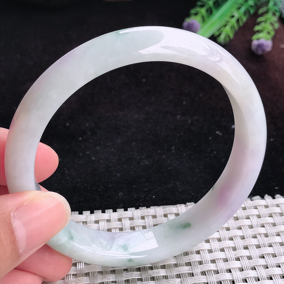 实拍A货翡翠62.5/12.9/8大圈口老坑精美紫罗兰手镯宽边玉镯平安镯百搭