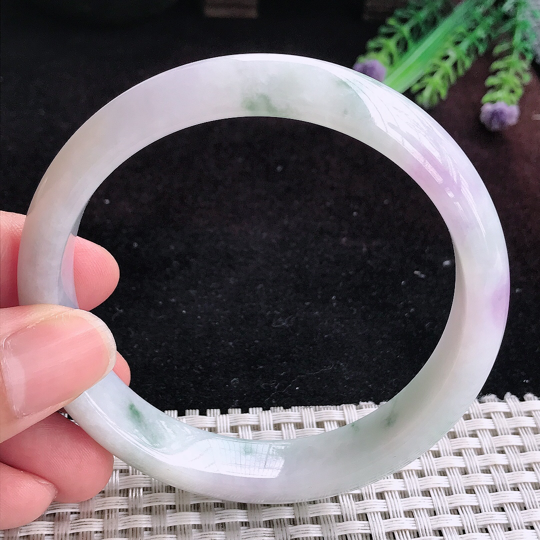 实拍A货翡翠62.5/12.9/8大圈口老坑精美紫罗兰手镯宽边玉镯平安镯百搭