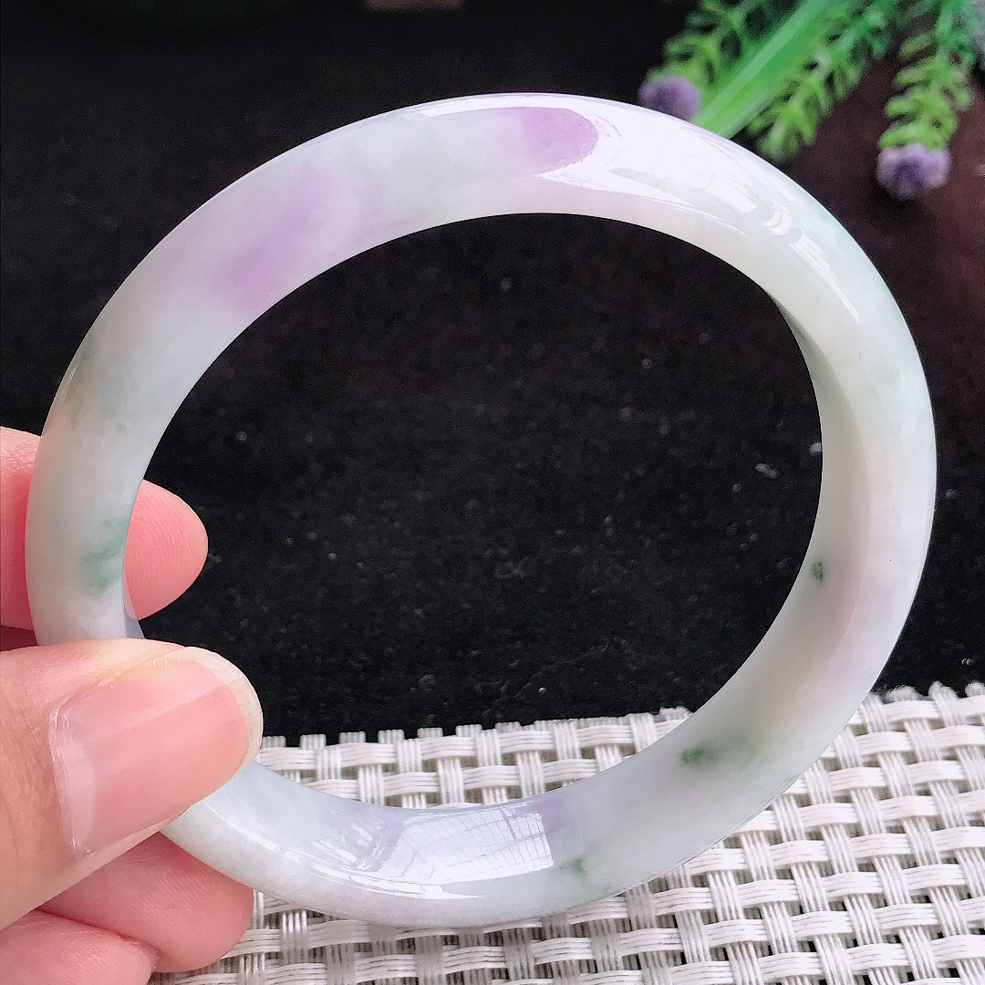 实拍A货翡翠62.5/12.9/8大圈口老坑精美紫罗兰手镯宽边玉镯平安镯百搭