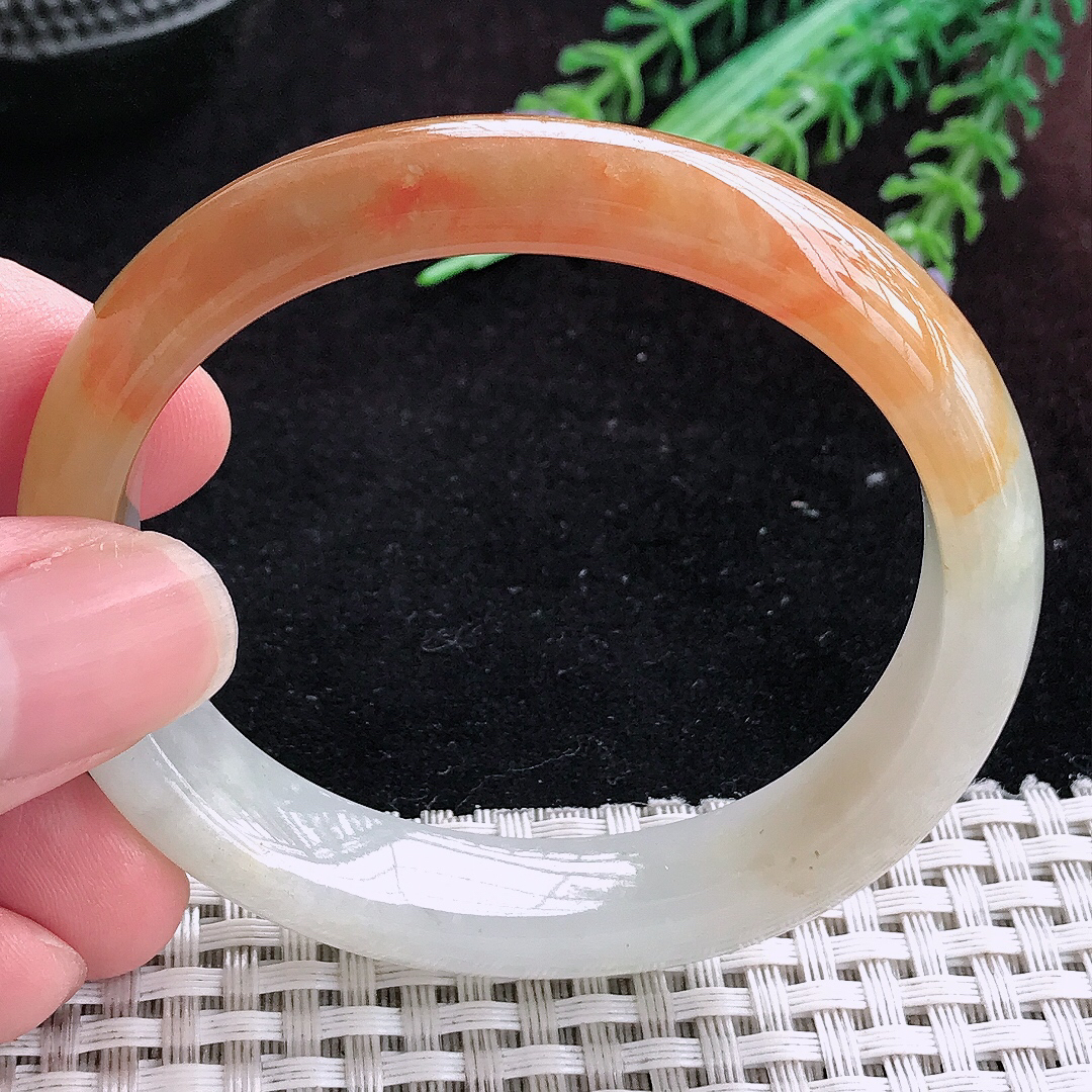 实拍A货翡翠63.5/47/12.5/7.6老坑冰润辣色黄翡贵妃手镯宽边玉镯平安镯百搭