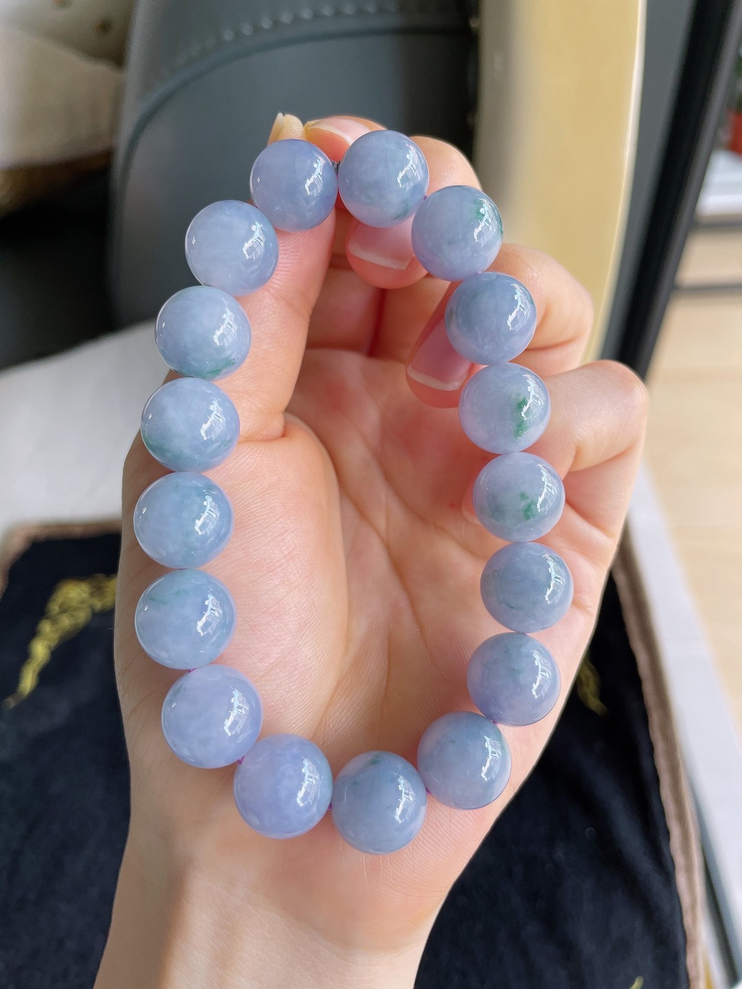 缅甸天然翡翠A货，浓紫飘花手链，尺寸：12.5mm。【编1417】