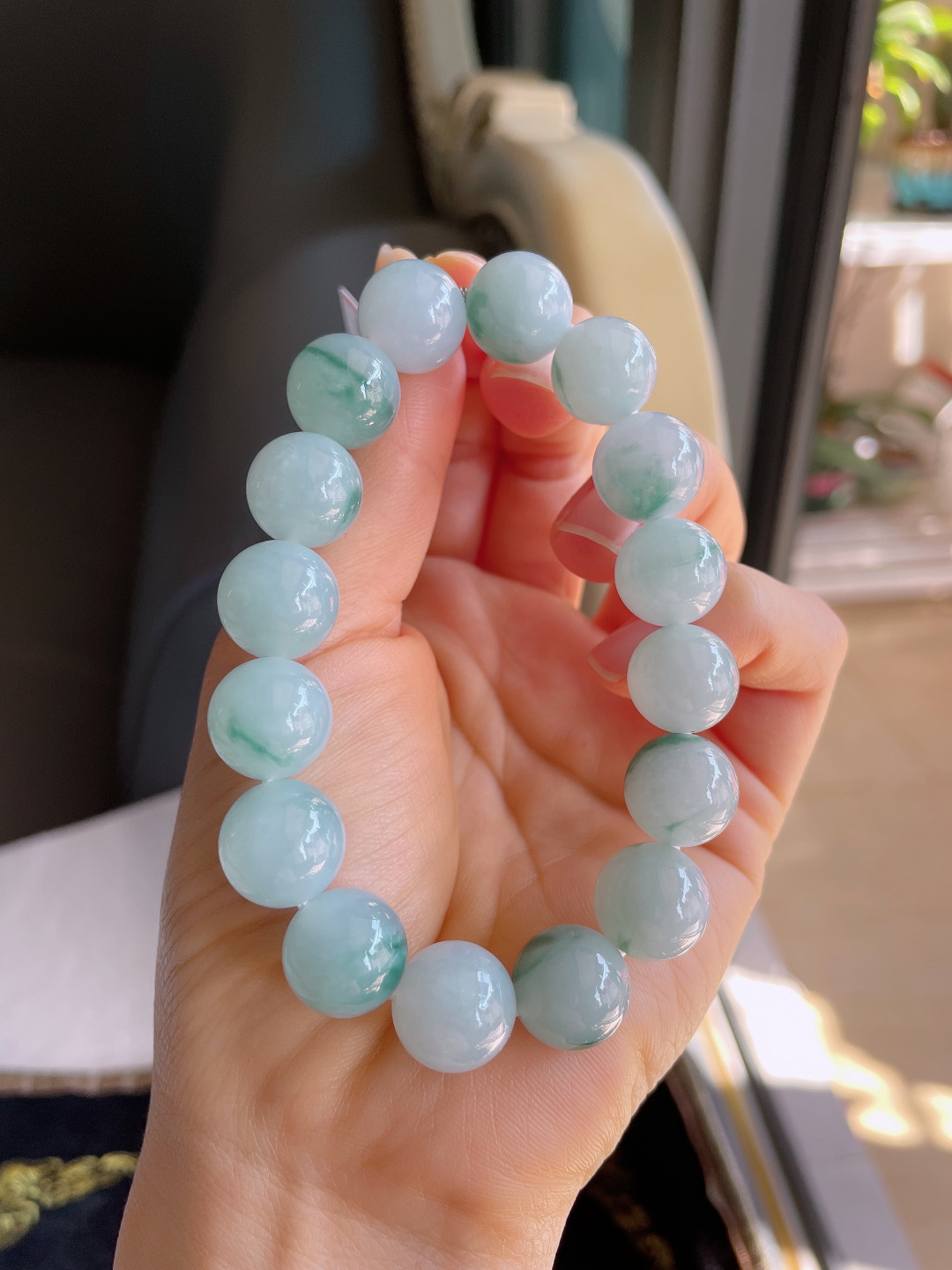 缅甸天然翡翠A货，冰飘花手链，尺寸：12.8mm。【编3855】