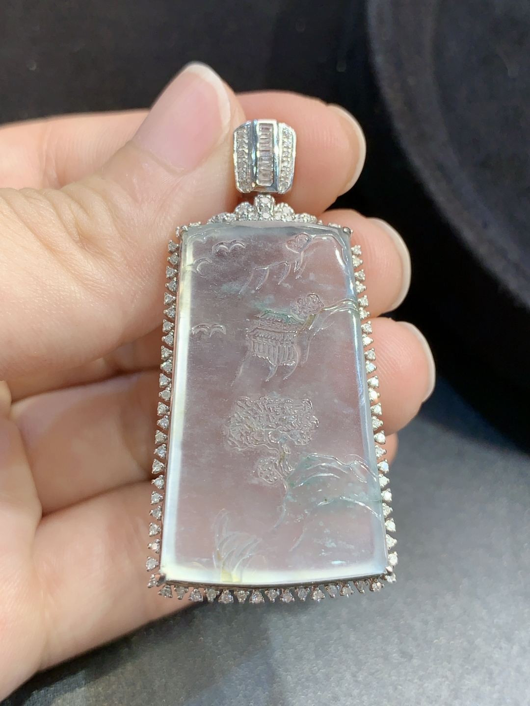 高冰飘花山水牌吊坠，冰感十足，清透水润，真金真钻，34.8-20.6