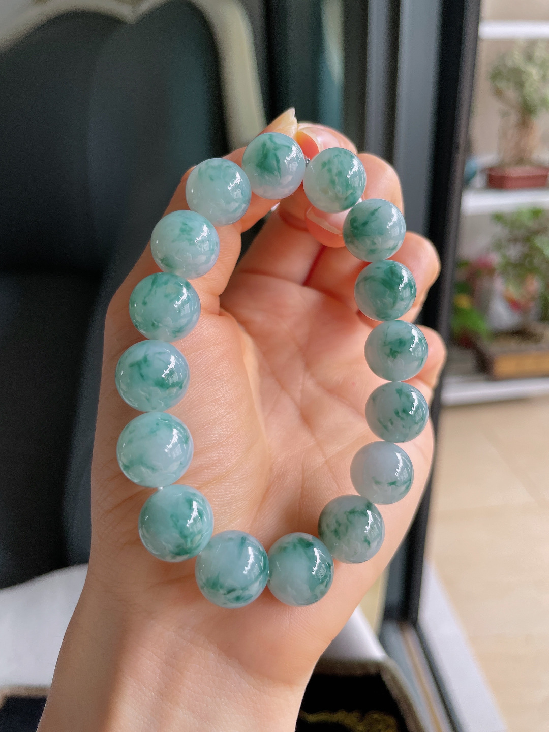 ️，天然翡翠A货，冰飘花手链，尺寸：13mm。【编4060】