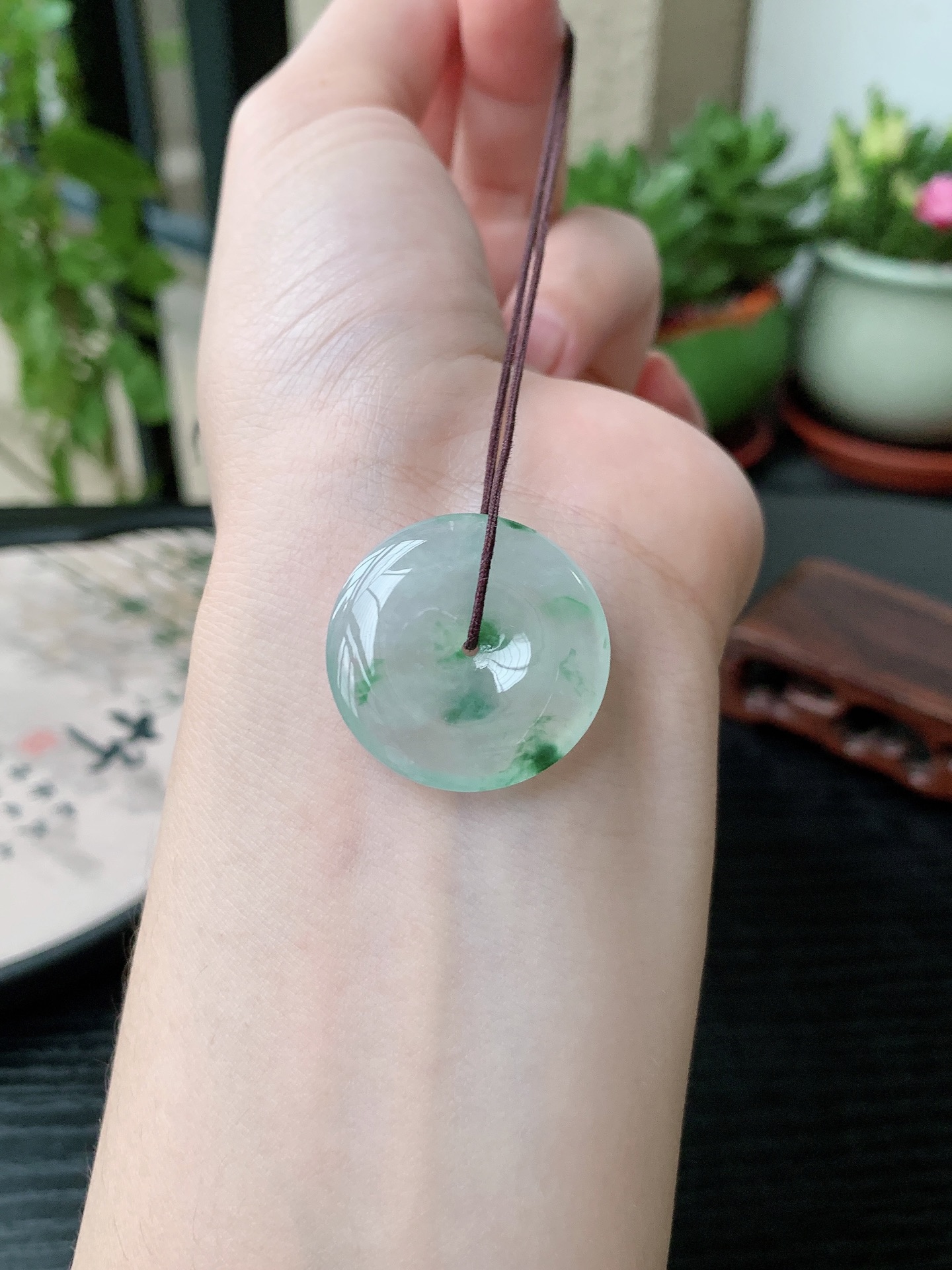 老坑冰种胶感飘花平安扣吊坠,裸石尺寸:25.4-4.7mm