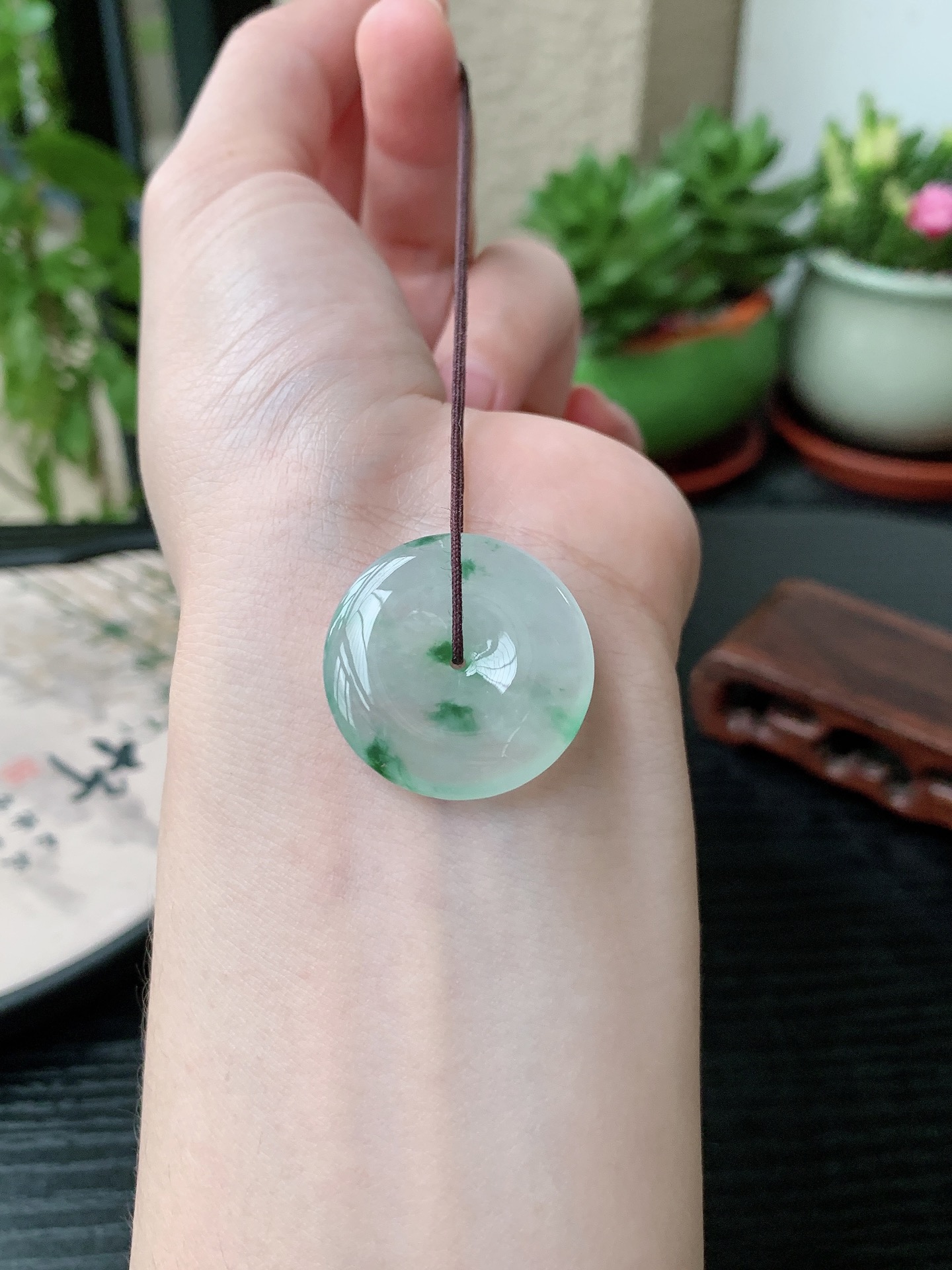 老坑冰种胶感飘花平安扣吊坠,裸石尺寸:25.4-4.7mm