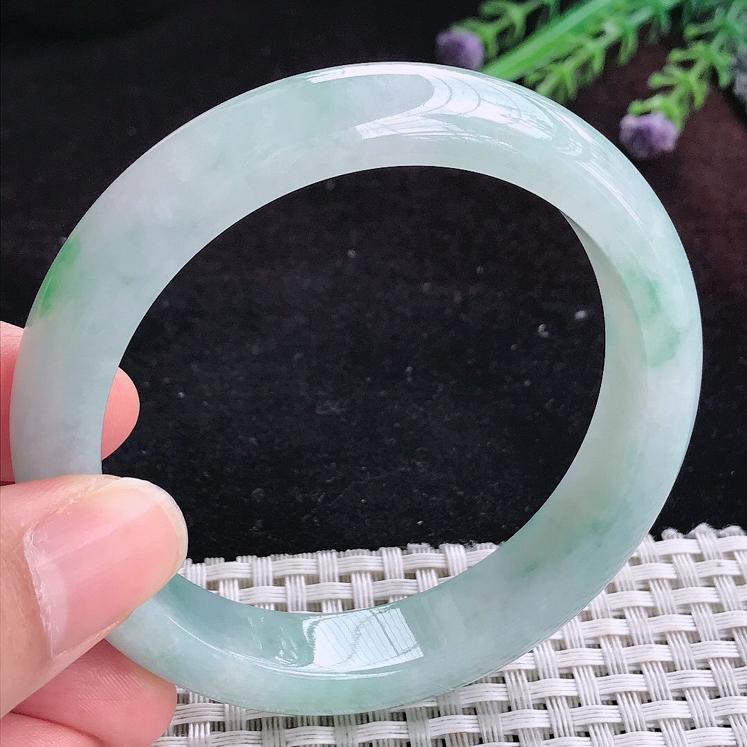 实拍A货翡翠58/12.8/8.5老坑冰润起胶飘花手镯宽边玉镯平安镯百搭