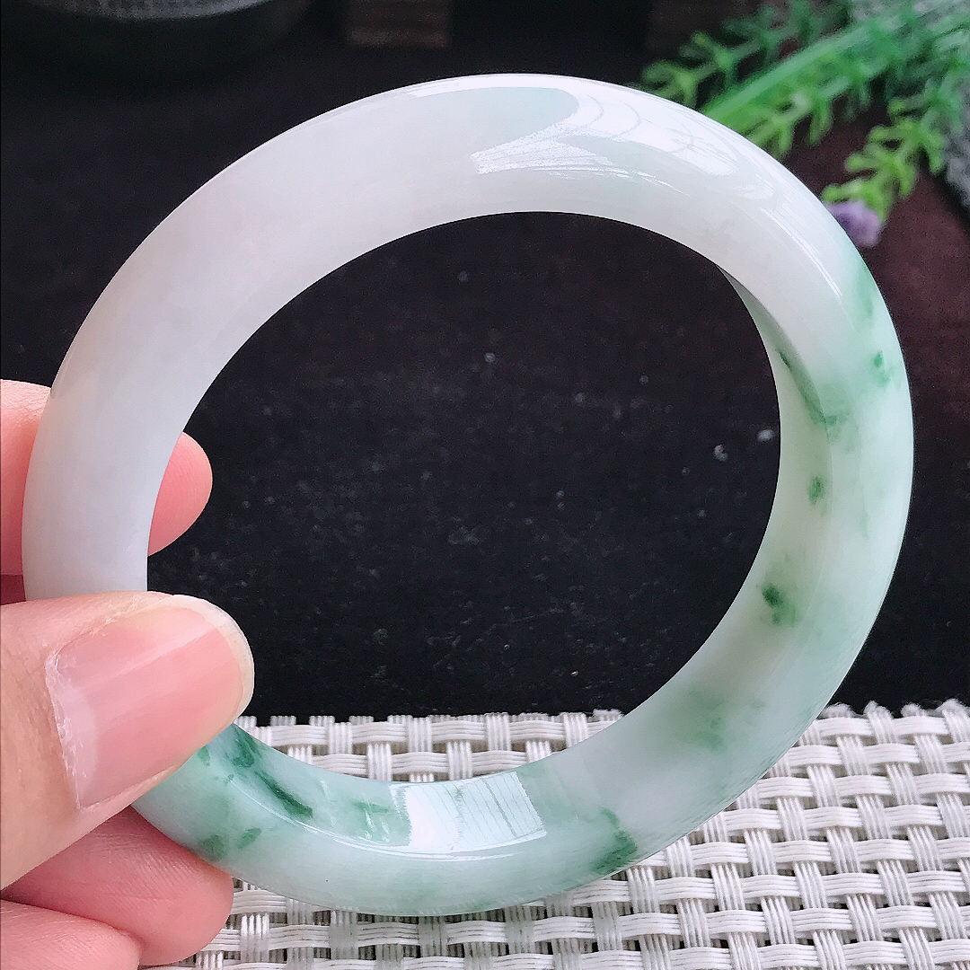 实拍A货翡翠60/12.7/9.6老坑冰润飘花手镯宽边玉镯平安镯百搭