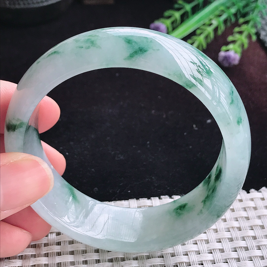 实拍A货翡翠59/19.8/8.2轮胎镯老坑冰胶冰飘花手镯宽边玉镯平安镯