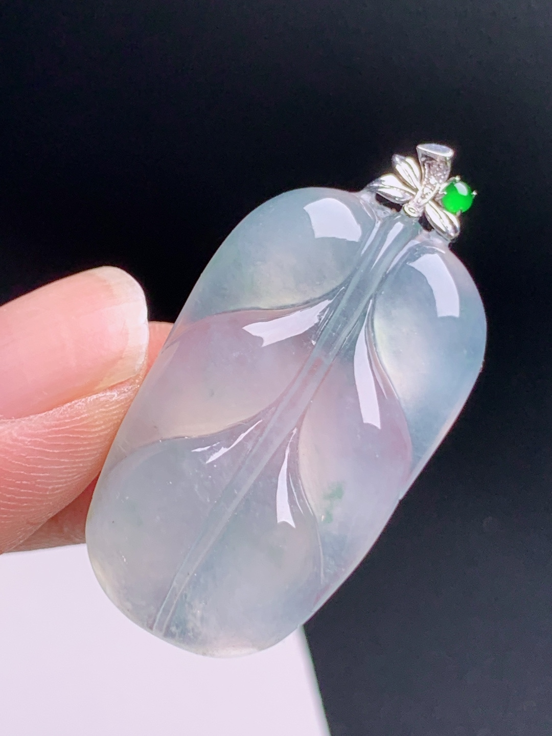 ️ 冰种树叶吊坠，清透莹润，金扣雅致，事业有成 裸石34.5-20.2-4.8 整体40 080308
