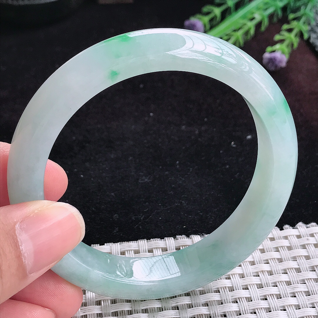 实拍A货翡翠58/12.8/8.5老坑冰润起胶飘花手镯宽边玉镯平安镯百搭