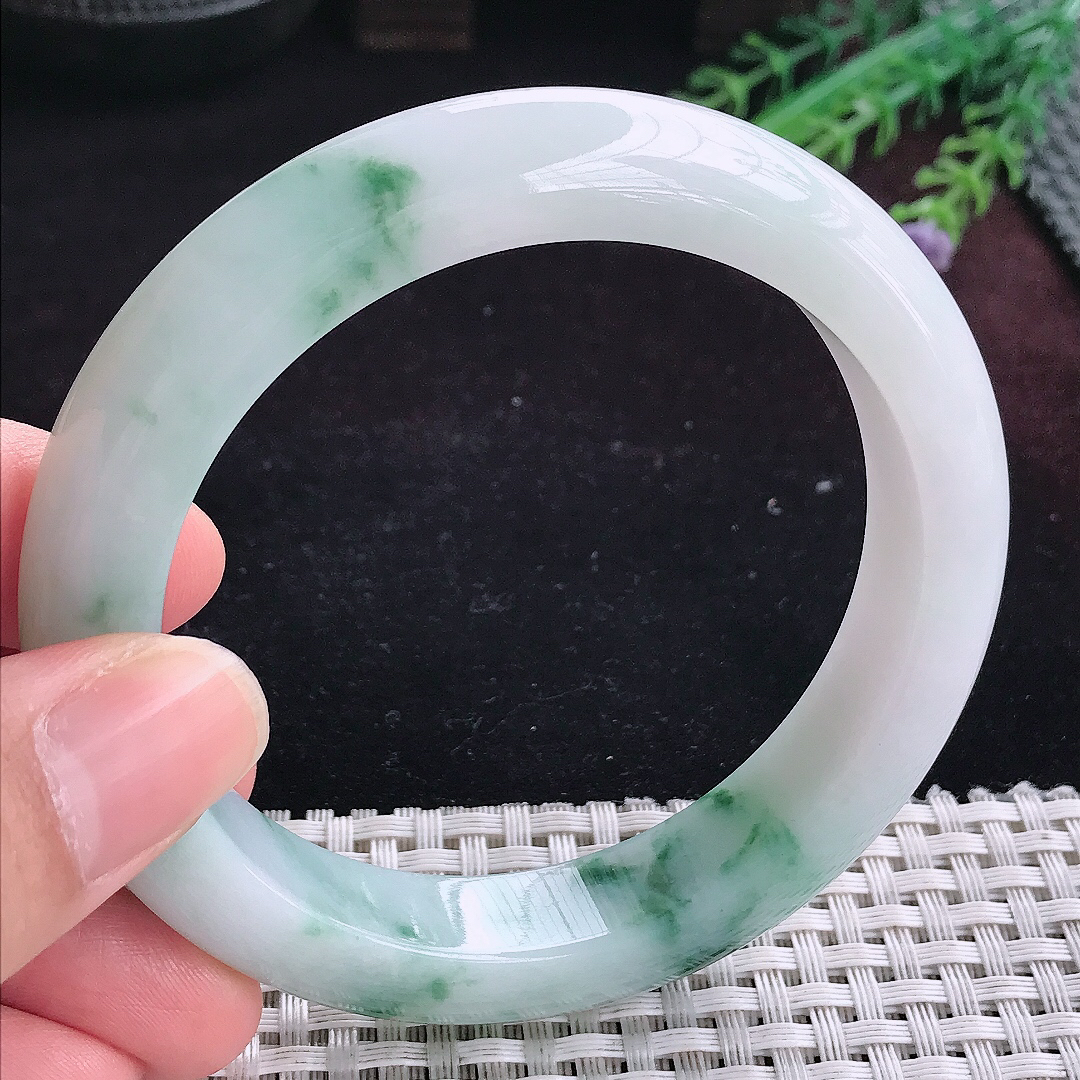 实拍A货翡翠60/12.7/9.6老坑冰润飘花手镯宽边玉镯平安镯百搭