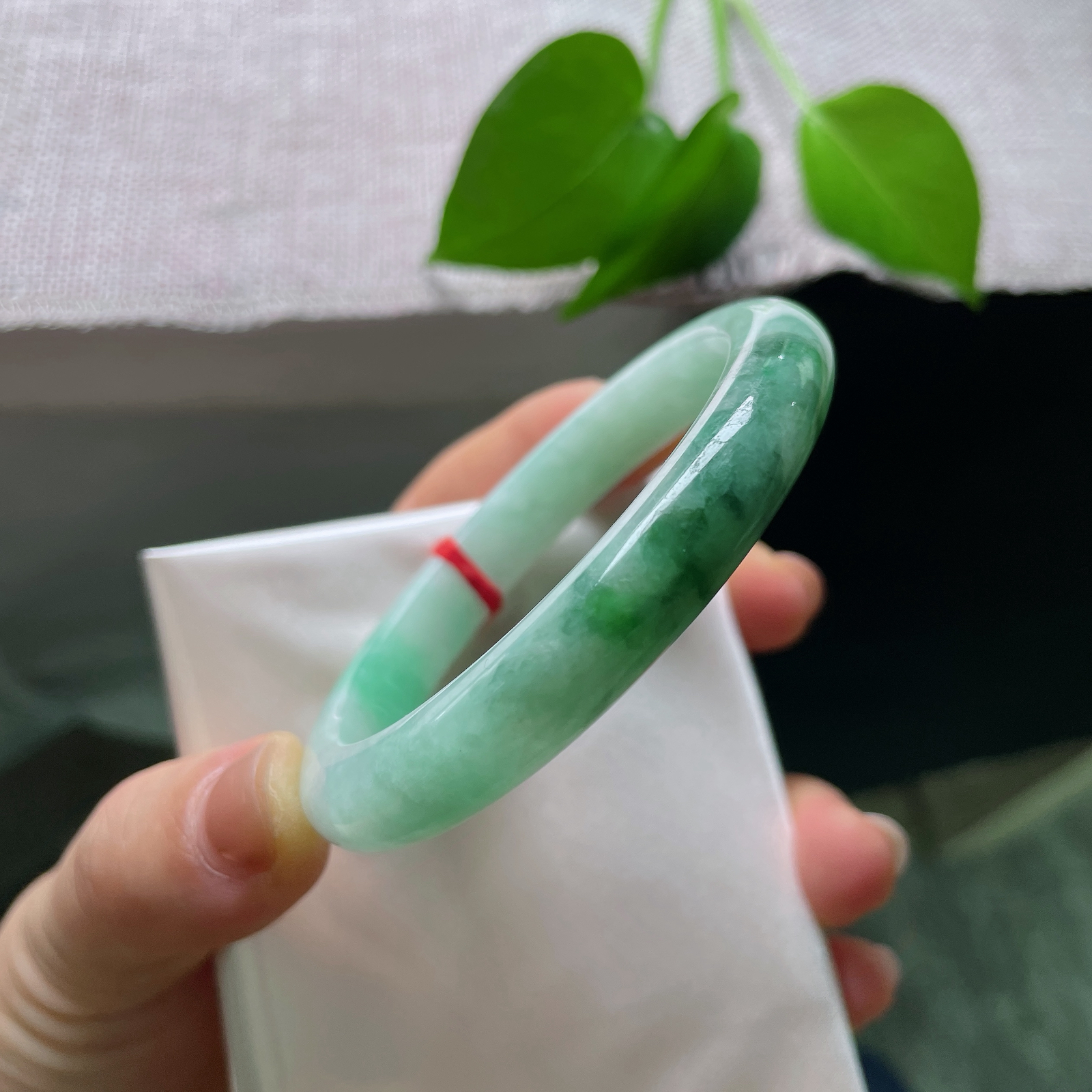 55.2/9.9/8.2，飘花正圈，皮纹，底色清甜柔和，一侧晕开一抹鲜亮阳绿，底端浓黑的飘花沉静内敛，三处色彩相互映衬，上手灵动秀气ss56973a