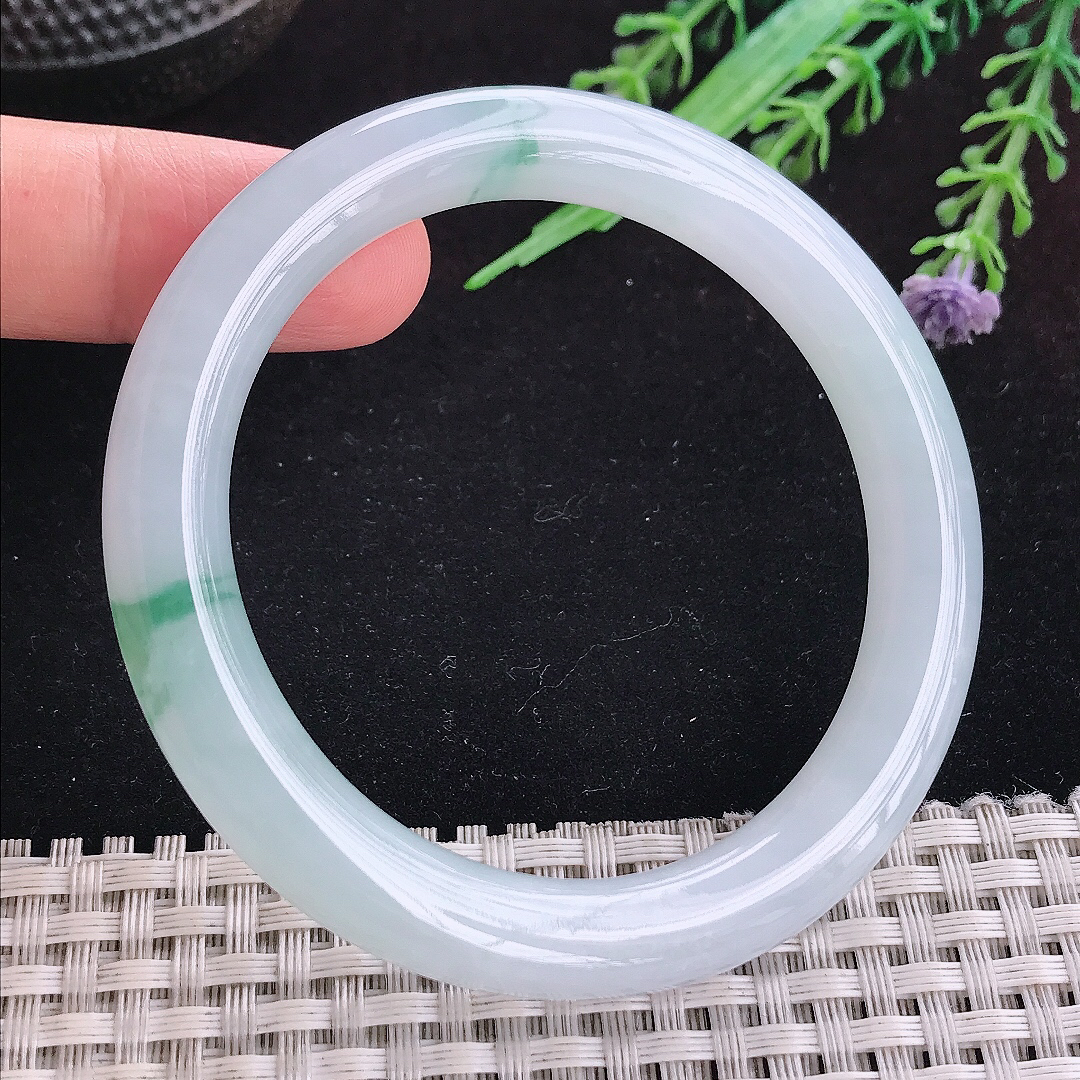 实拍A货翡翠54.5/9/9.2老坑冰胶果冻冰飘花圆条手镯平安镯百搭