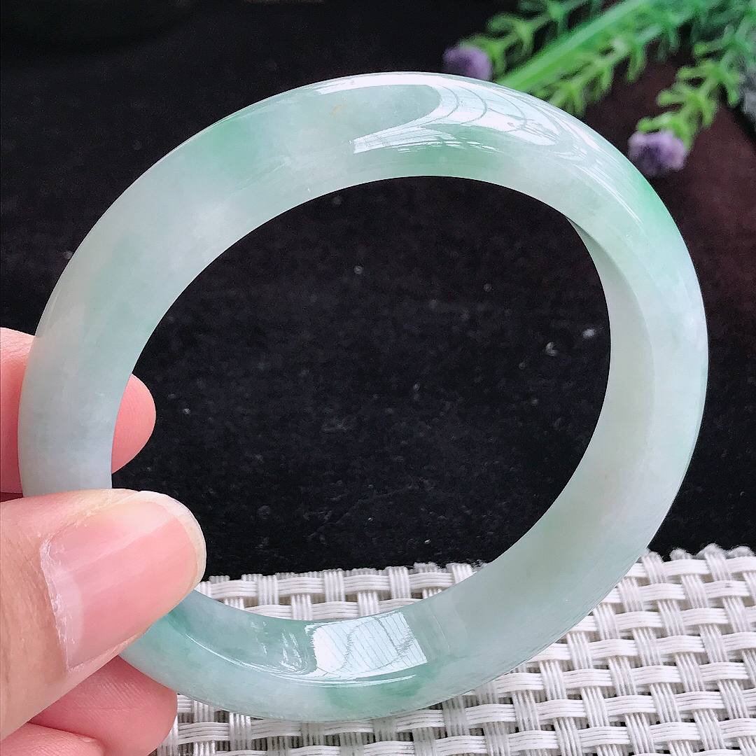 实拍A货翡翠58/12.8/8.5老坑冰润起胶飘花手镯宽边玉镯平安镯百搭